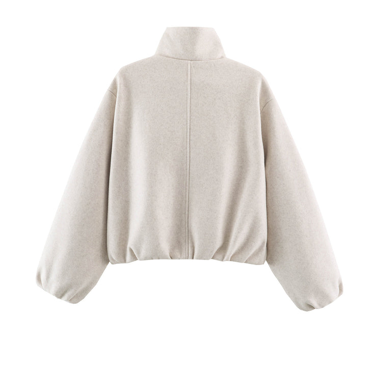 Women's Cropped Wool Look Bomber Jacket with High Stand-Up Collar and Hidden Pockets Mune Fashion