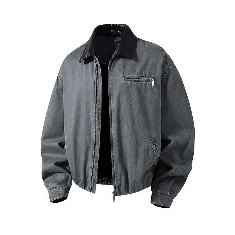 Men's Boxy-Denim Overshirt Jacket with Leather Collar, Chest Pocket with Zipper & Elastic Hem Mune Fashion