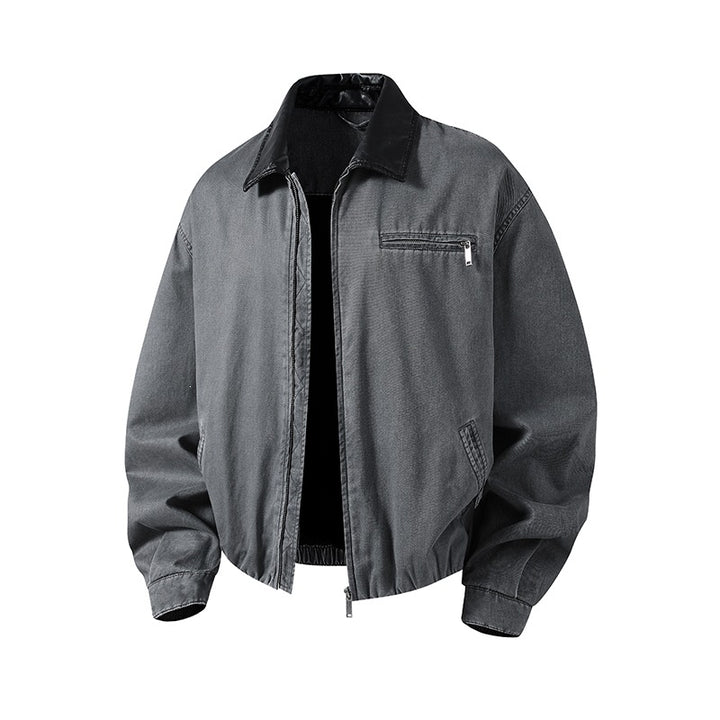 Men's Boxy-Denim Overshirt Jacket with Leather Collar, Chest Pocket with Zipper & Elastic Hem Mune Fashion