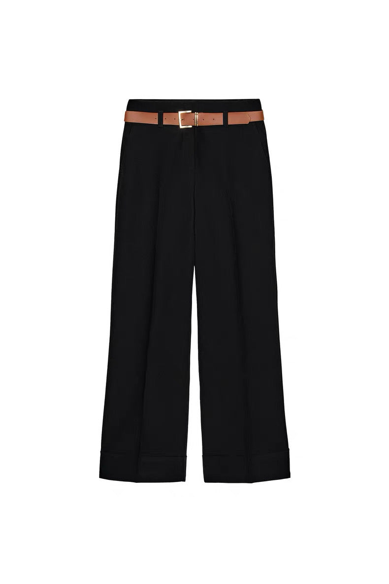 Women Wide High-Waist Trousers with Cuffed Hem, Pleat and Waist Belt Mune Fashion
