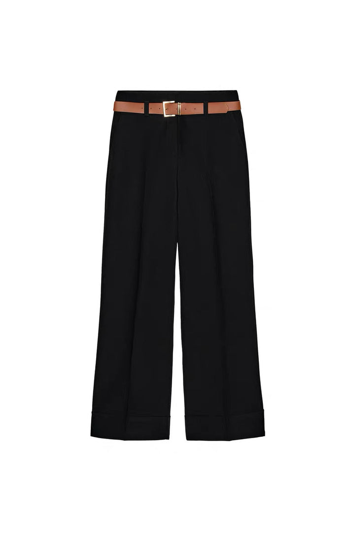 Women Wide High-Waist Trousers with Cuffed Hem, Pleat and Waist Belt Mune Fashion