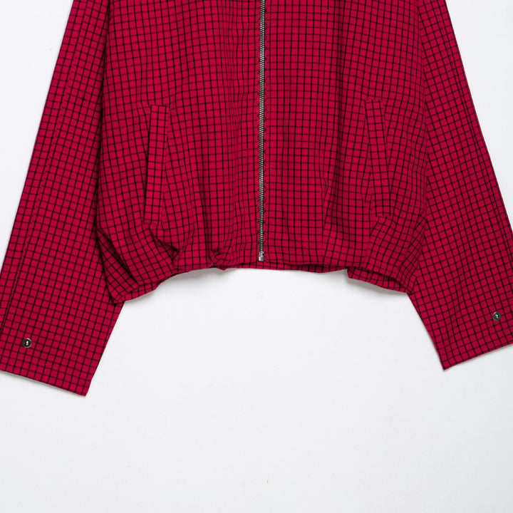 Women Checked Cropped Jacket with Stand-up Collar and Zipper Mune Fashion