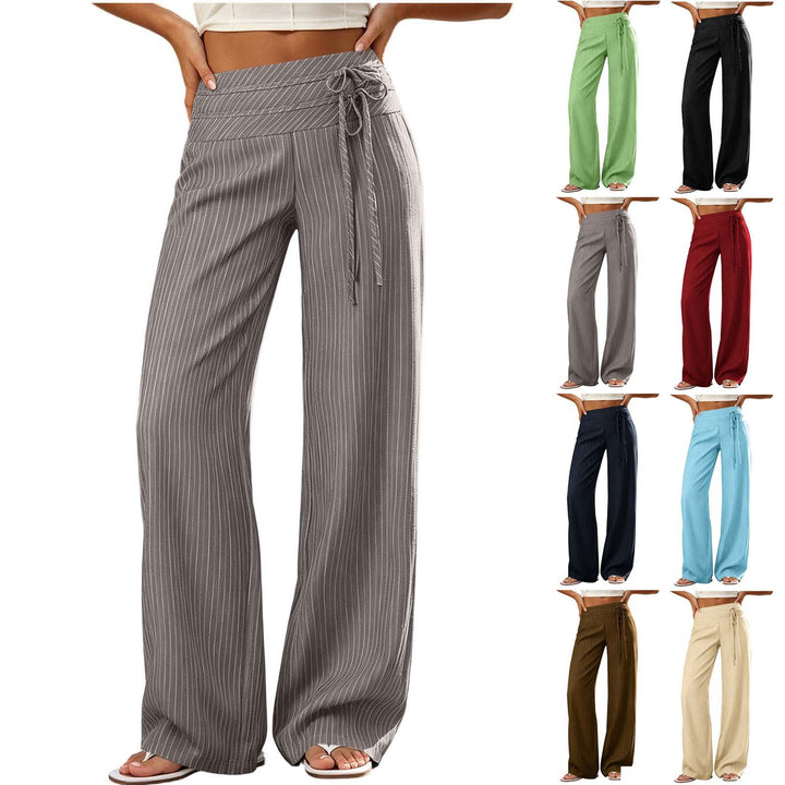 Women Wide High-Waist Palazzo Pants with Striped Pattern and Tie Belt Mune Fashion