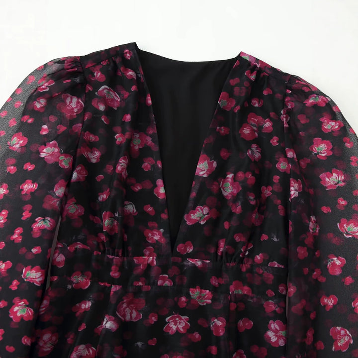 Women's Floral Chiffon Mini Dress with Deep V-Neck, Bell Sleeves and Tiered Ruffle Mune Fashion