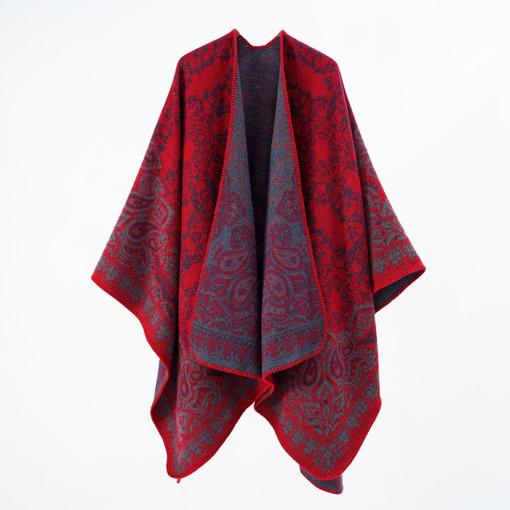 Women's overlay poncho in double-face jacquard with paisley inspiration and decorative stitch edge Mune Fashion