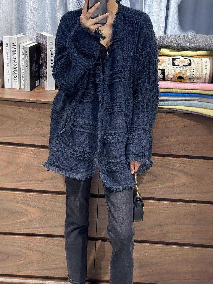 Women Oversized Knit Cardigan with Structured Check Pattern Look, Fringes and Patch Pockets Mune Fashion