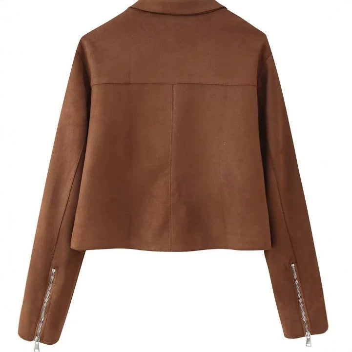 Women's Cropped Suede Jacket with Shirt Collar, Full Metal Zipper and Zipper Pockets Mune Fashion