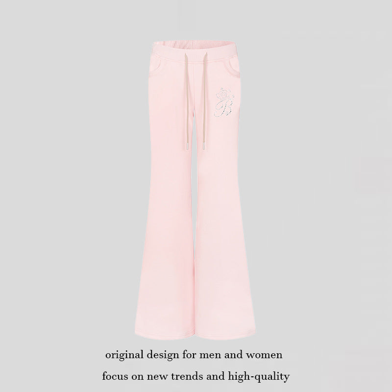 Women Flared Lounge Pants with High Comfort Waistband, Drawstring and Rhinestone Logo Mune Fashion