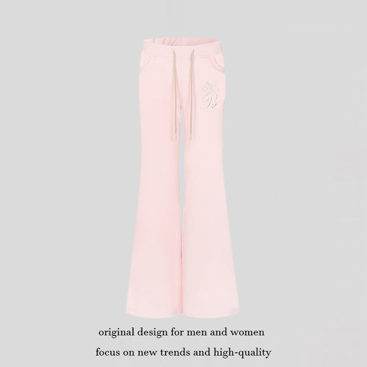 Women Flared Lounge Pants with High Comfort Waistband, Drawstring and Rhinestone Logo Mune Fashion