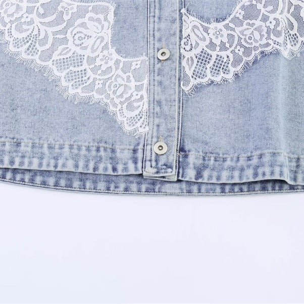 Women cropped denim jacket with lace trim and dropped shoulder Mune Fashion