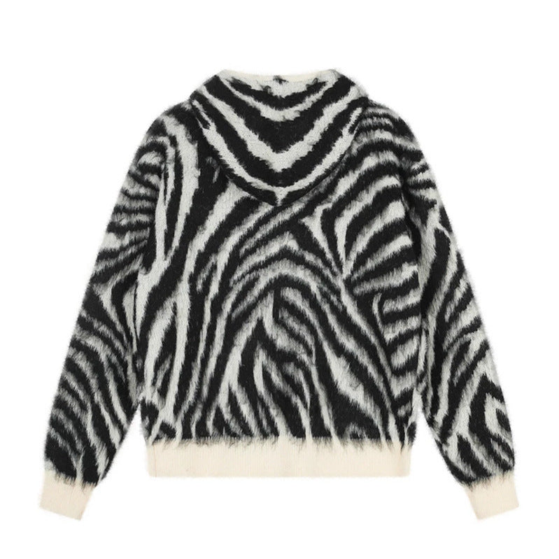 Women's Fluffy Zip Hoodie Cardigan with Zebra Jacquard and Kangaroo Pocket Mune Fashion