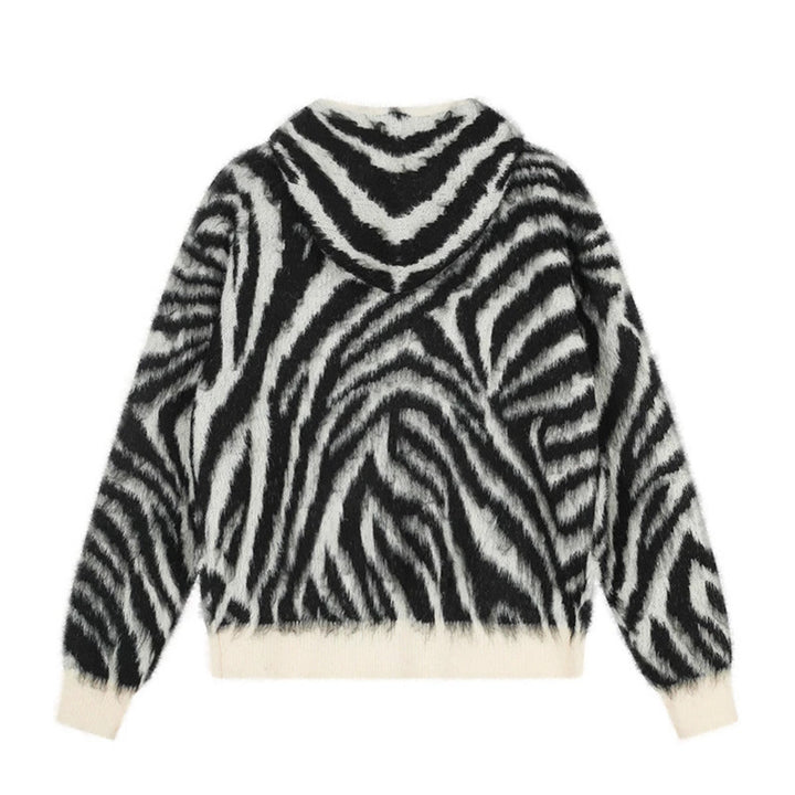 Women's Fluffy Zip Hoodie Cardigan with Zebra Jacquard and Kangaroo Pocket Mune Fashion