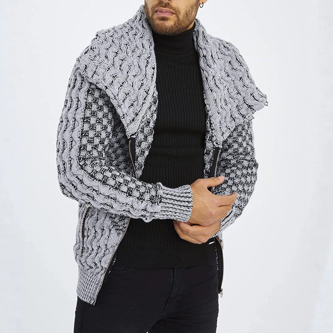 Men's chunky knit cardigan with asymmetric wrap collar and zipper Mune Fashion