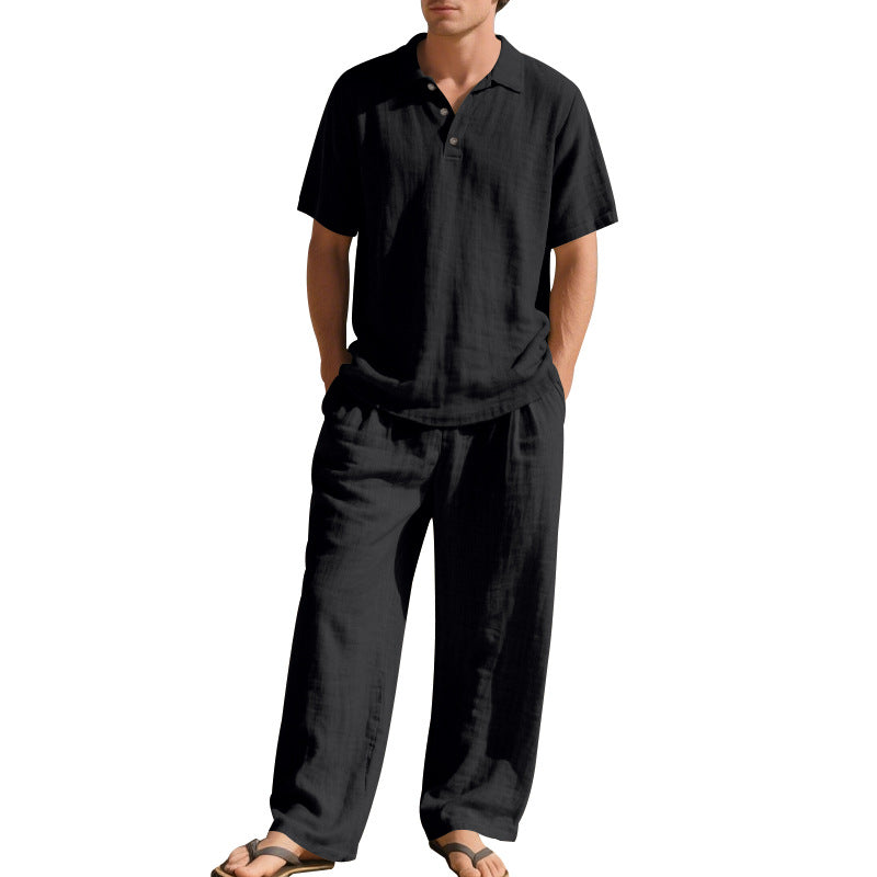 Men's airy linen ensemble with polo collar and adjustable waistband pants Mune Fashion