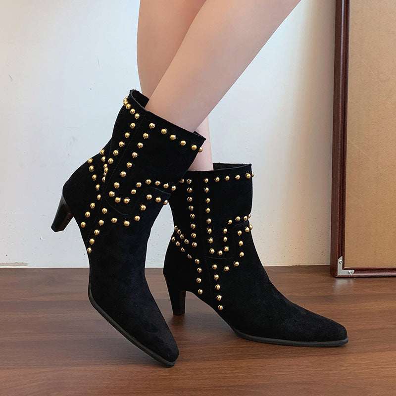 Women's lace velour-look ankle boots with studded accents and low stiletto heel Mune Fashion