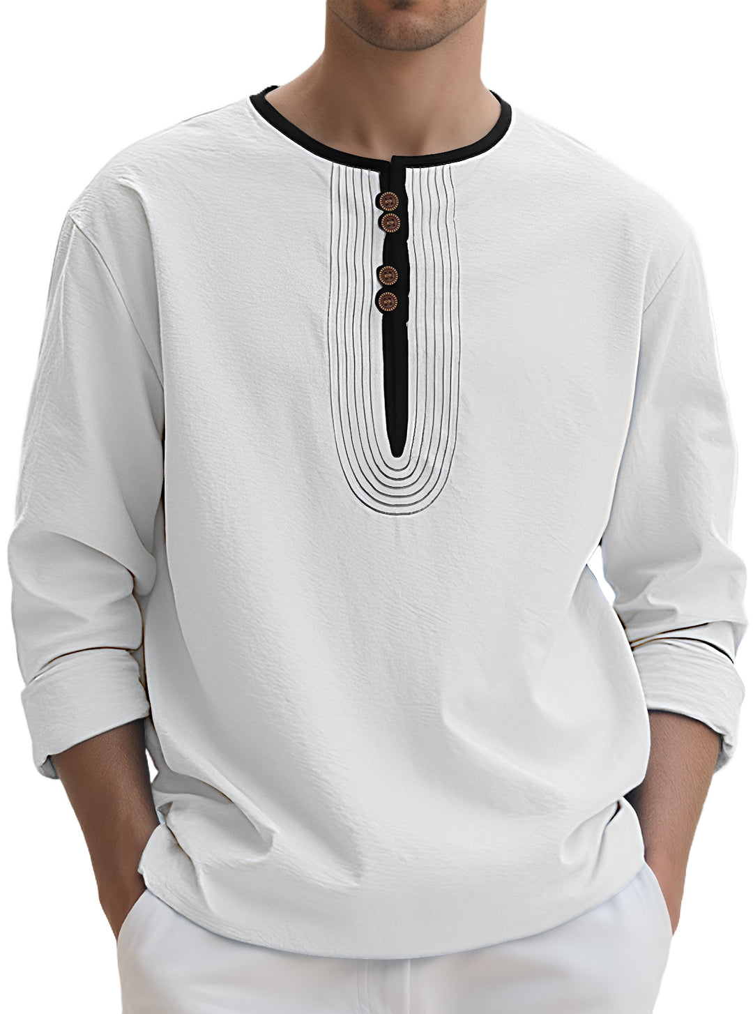 Men's loosely cut long sleeve kurta top with decorative pleats and wooden button placket Mune Fashion