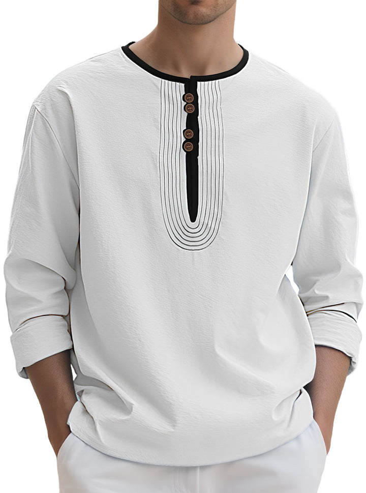 Men's loosely cut long sleeve kurta top with decorative pleats and wooden button placket Mune Fashion