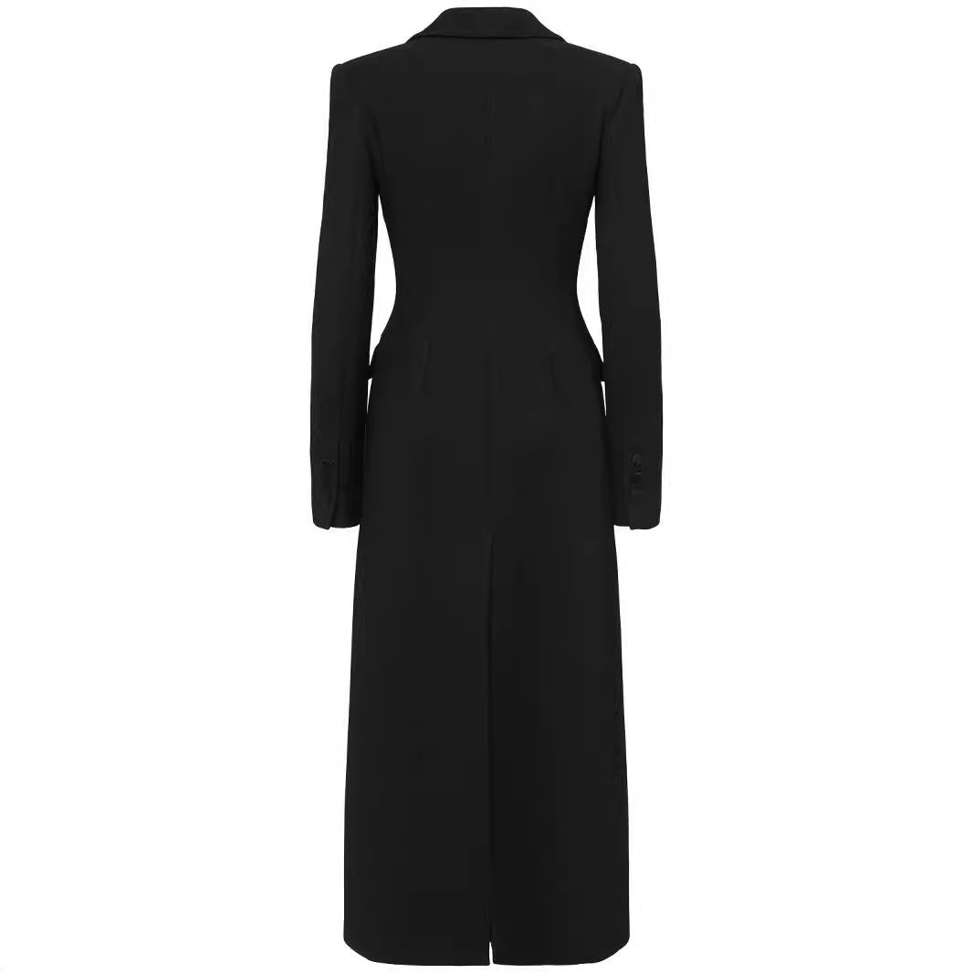 Women's Double-Breasted Tailored Blazer Dress with Maxi Length and Flap Pockets Mune Fashion