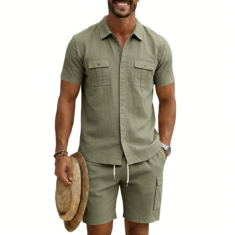 Men's summer leisure set made of cotton-linen blend with short-sleeve shirt and cargo shorts Mune Fashion