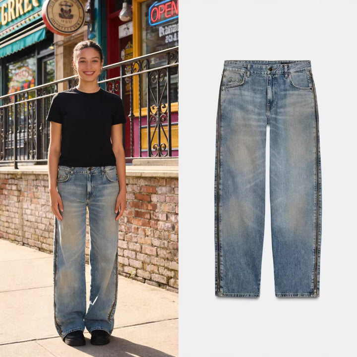 Ladies Wide High-Waist Jeans with Straight Leg and Vintage Wash Mune Fashion