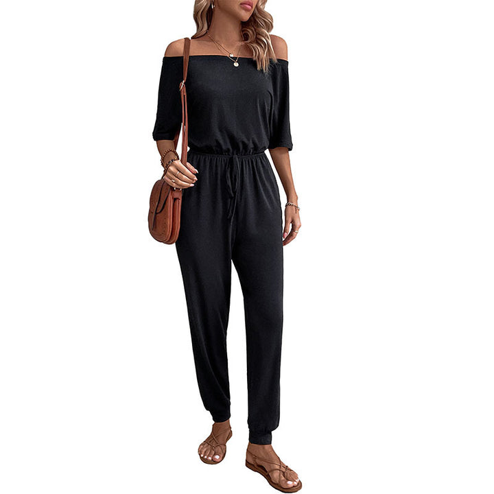 Women's Off-Shoulder Casual Jumpsuit with Drawstring Waist and Long Pants Legs Mune Fashion