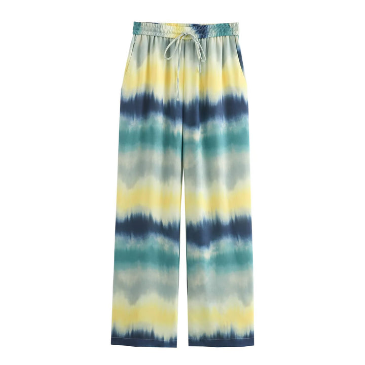Women's Wide Palazzo Lounge Pants with Elastic Waistband, Drawstring and Watercolor Print Mune Fashion
