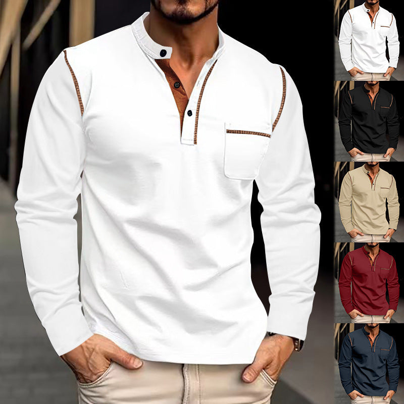 Men's long sleeve shirt with mandarin collar, chest pocket, and contrast decorative seams Mune Fashion
