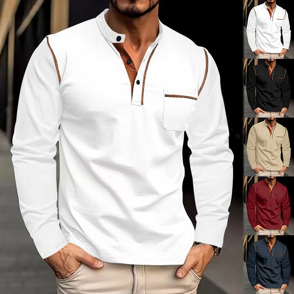 Men's long sleeve shirt with mandarin collar, chest pocket, and contrast decorative seams Mune Fashion