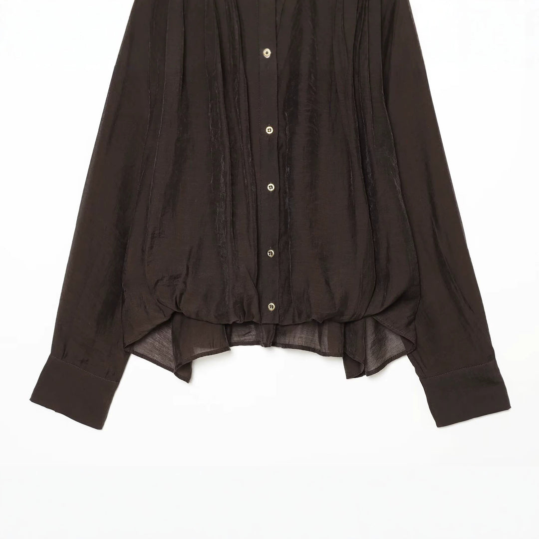 Women Transparent Blouse with Draped Tube Collar, Button Placket and Balloon Sleeves Mune Fashion