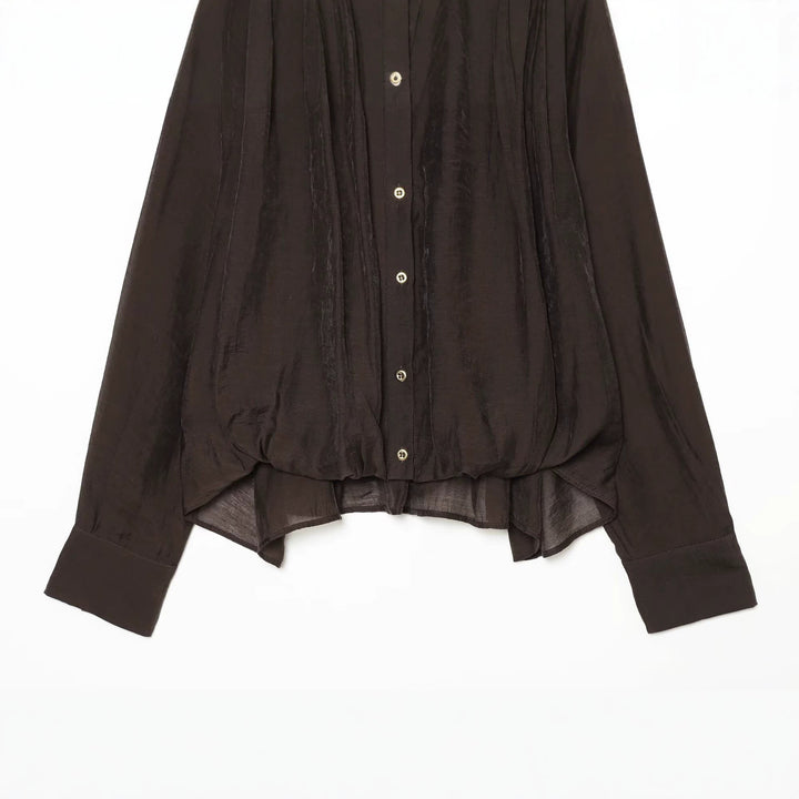 Women Transparent Blouse with Draped Tube Collar, Button Placket and Balloon Sleeves Mune Fashion