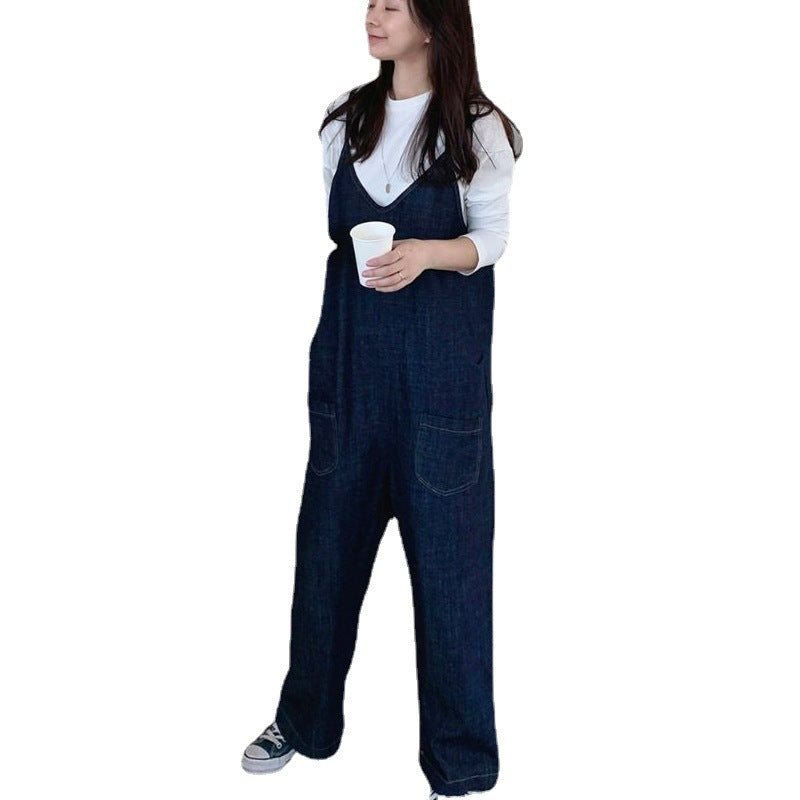 Women's Oversized Denim Dungarees with Wide Legs and Side Pockets Mune Fashion