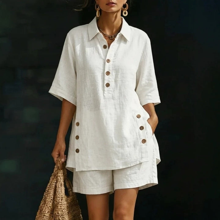 Women's airy linen-look two-piece set with oversized shirt blouse, button placket, and Bermuda shorts Mune Fashion