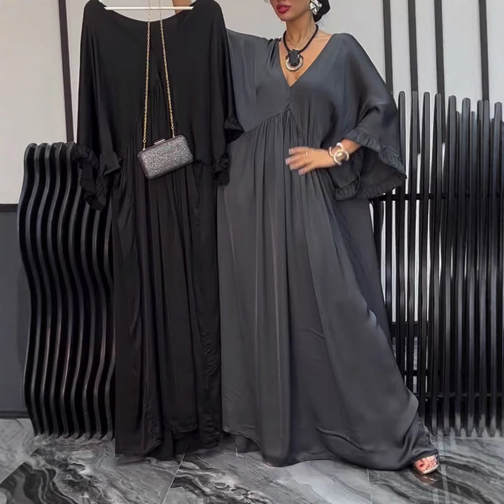 Women's satin look kaftan maxi dress with V-neck, gathered empire seam, and ruffled sleeves Mune Fashion