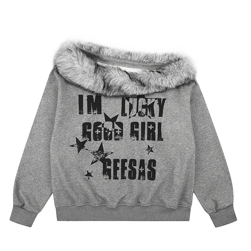 Women's Off-Shoulder Oversize Sweatshirt with cozy Faux-Fur Collar and distressed Star Print