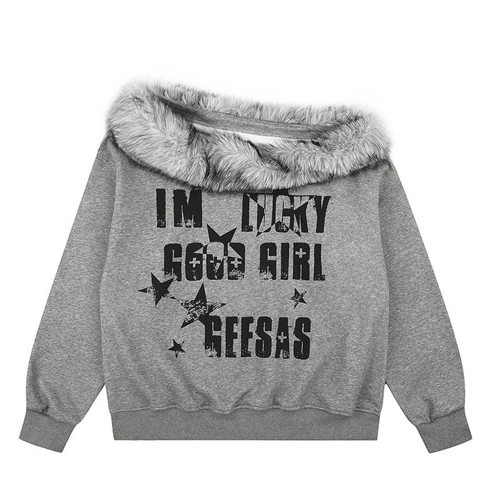 Women's Off-Shoulder Oversize Sweatshirt with cozy Faux-Fur Collar and distressed Star Print
