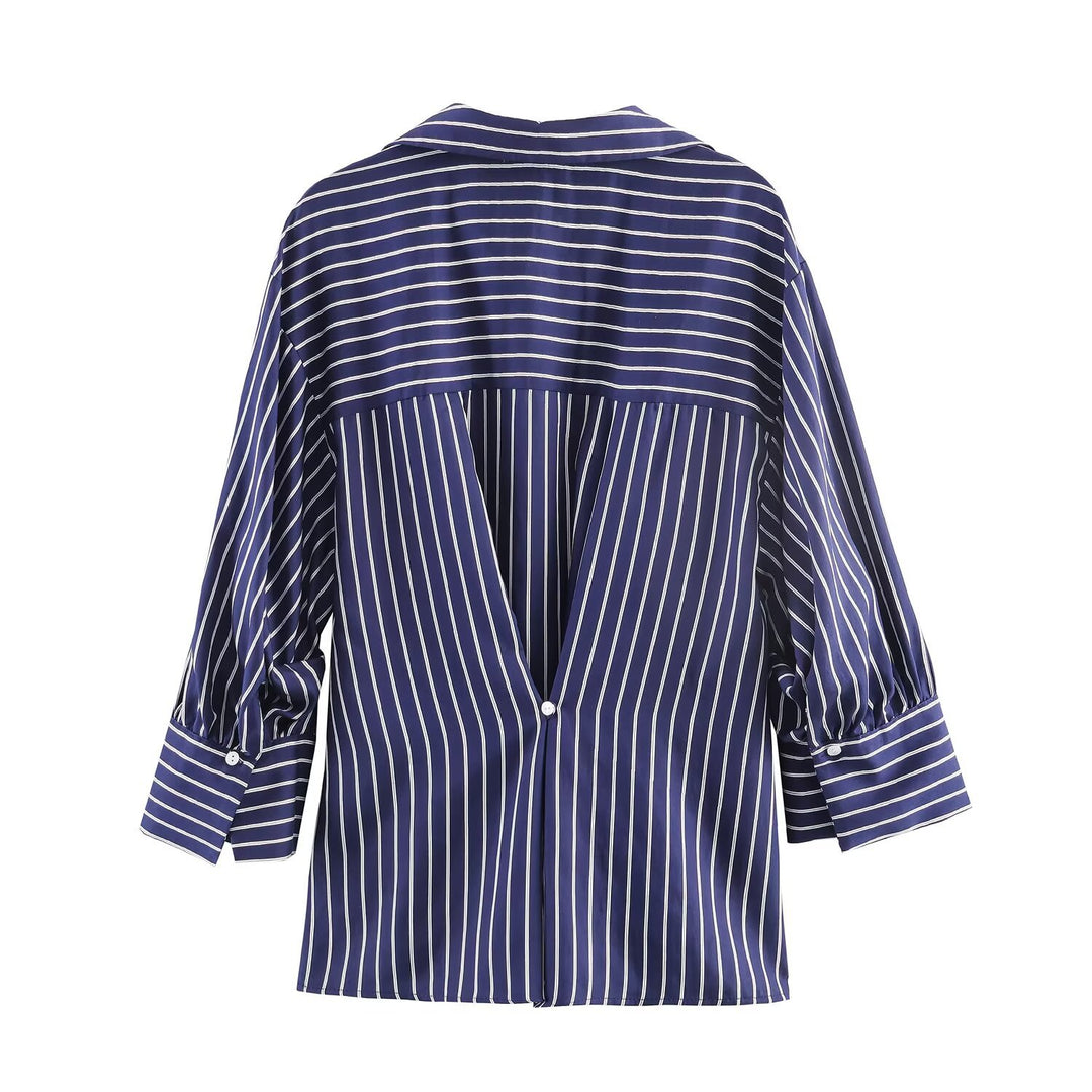 Women Oversized Shirt Blouse with Vertical Stripes, Balloon Sleeves and Wide Cuffs Mune Fashion