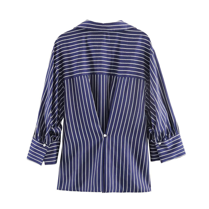 Women Oversized Shirt Blouse with Vertical Stripes, Balloon Sleeves and Wide Cuffs Mune Fashion