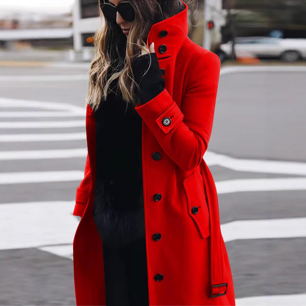 Women's Long Cut Trench Coat with High Stand Collar, Button Placket and Waist Belt Look Mune Fashion