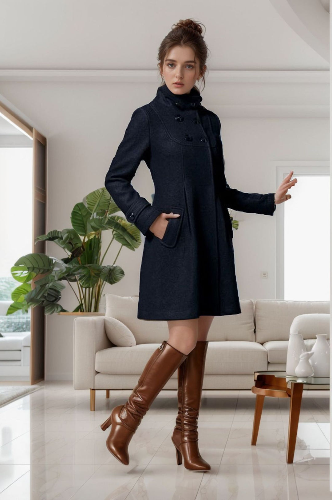Women's A-line wool mix coat with high hood and double-button placket Mune Fashion