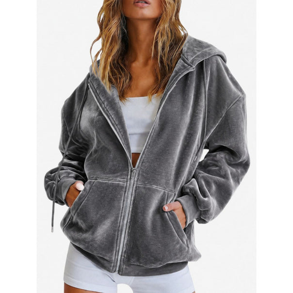 Women's Oversize Velours Hoodie Jacket with Zipper Mune Fashion
