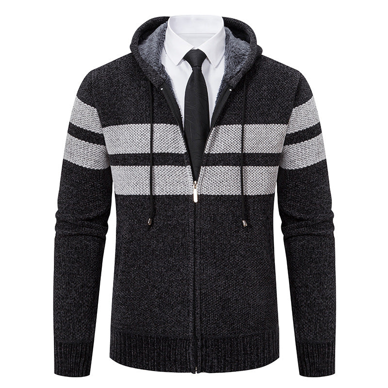 Men's knitted hoodie jacket with teddy lining, concealed zipper and contrast stripes Mune Fashion