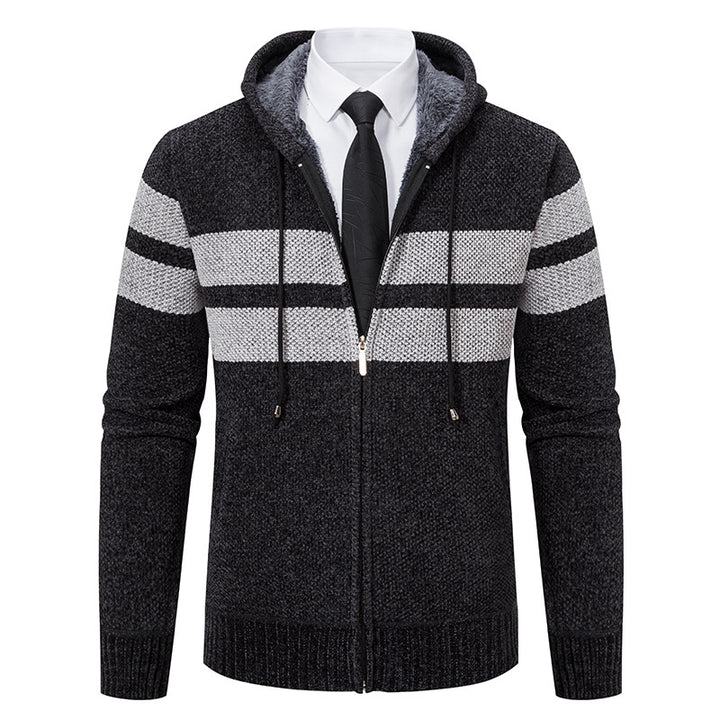 Men's knitted hoodie jacket with teddy lining, concealed zipper and contrast stripes Mune Fashion