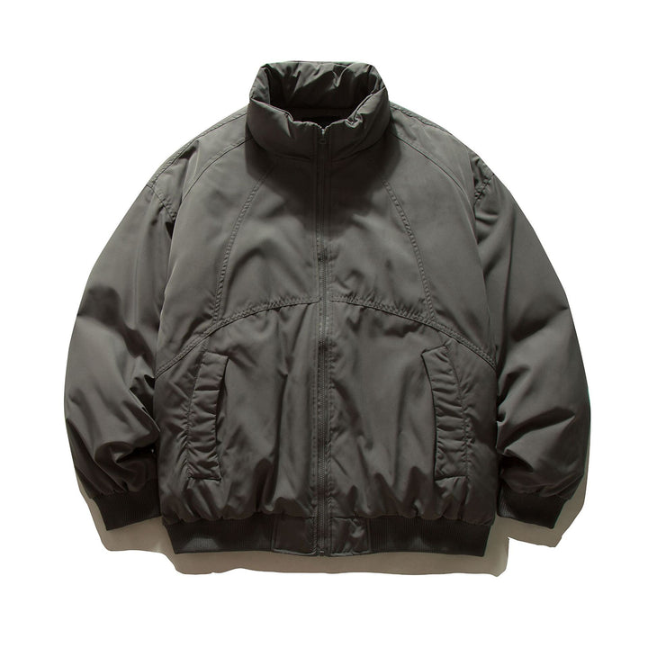 Men's boxy padded bomber jacket with high stand-up collar, elastic hem, and practical side pockets.