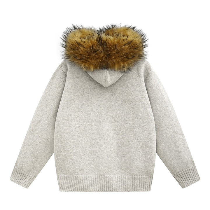 Women's Knit Bomber Jacket with Hood and Removable Faux Fur Trim Mune Fashion