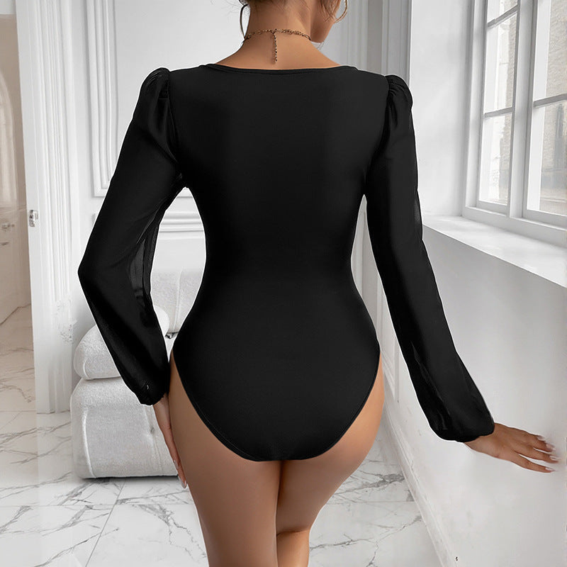 Women's figure-hugging bodysuit with heart-shaped neckline, puffed sleeves, and transparent chiffon sleeves Mune Fashion