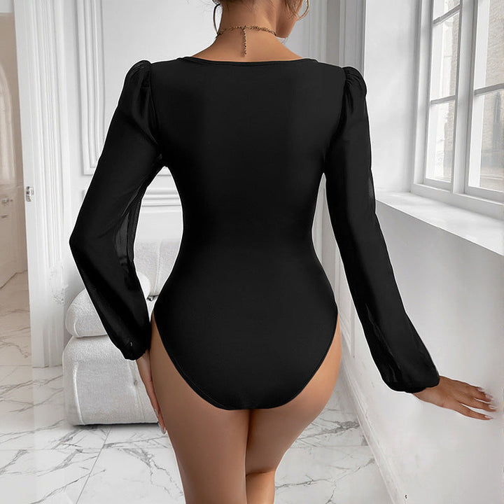Women's figure-hugging bodysuit with heart-shaped neckline, puffed sleeves, and transparent chiffon sleeves Mune Fashion