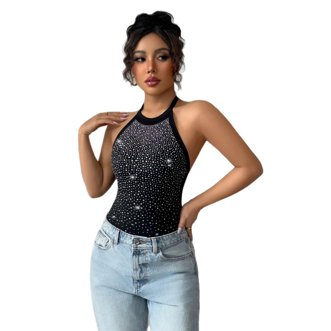 Women's halter bodysuit with high collar and sparkling rhinestone gradient Mune Fashion