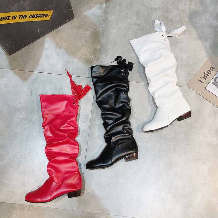 Women's knee-high shaft boots with gathered shaft, lace cord, and low block heel Mune Fashion