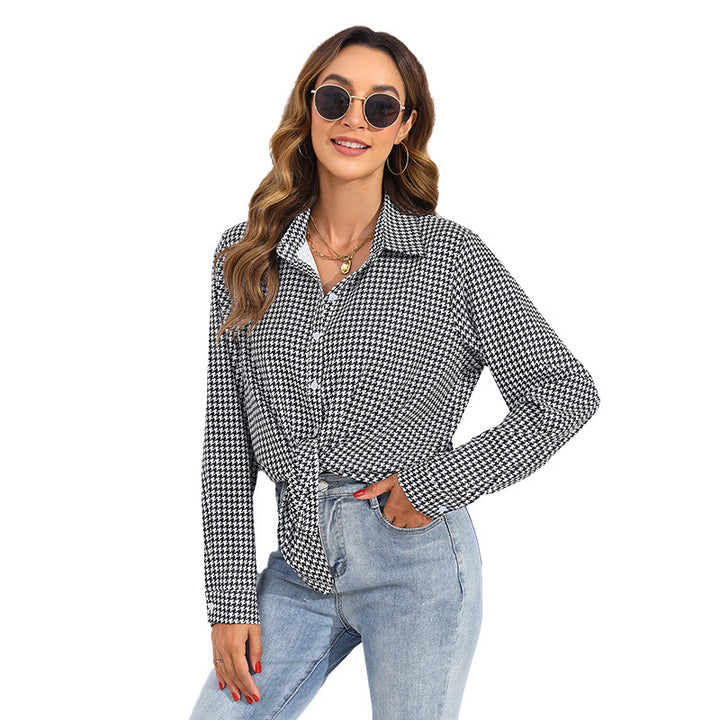 Women knotted houndstooth blouse with shirt collar and continuous button placket Mune Fashion