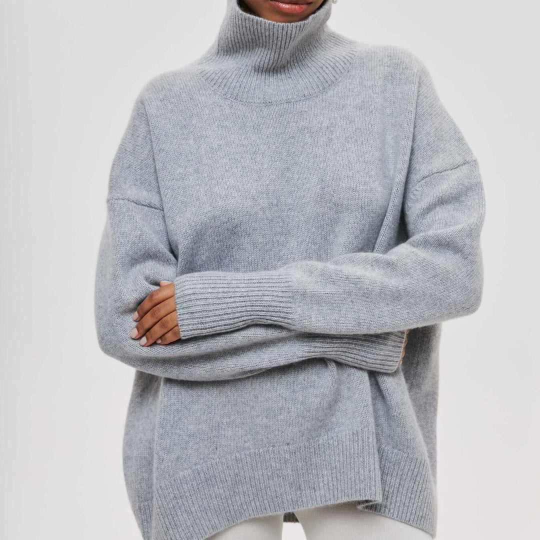 Women Cozy Oversized Turtleneck Sweater with Concealed Side Slits and Extra Long Ribbed Hem Mune Fashion